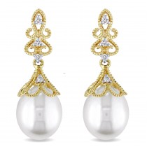 Tear Drop Pearl & Diamond Dangle Earrings 14k Yellow Gold (0.10ct)