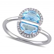 Half Moon Blue Topaz and Diamond Bypass Ring 14k White Gold (2.50ct)