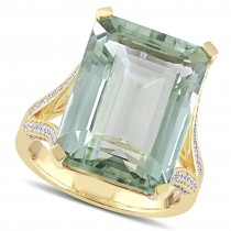 Octagon Green Amethyst and Diamond Cocktail Ring 14k Yellow Gold (15.40ct)