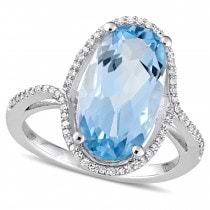 Oval Blue Topaz and Diamond Halo Fashion Ring 14k White Gold (8.20ct)