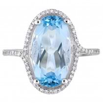 Oval Blue Topaz and Diamond Halo Fashion Ring 14k White Gold (8.20ct)