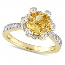 Citrine and White Sapphire with Diamond Halo Ring 14k Yellow Gold (2.50ct)