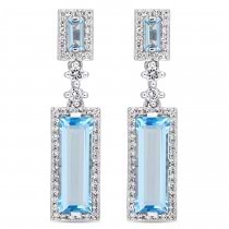 Baguette Blue Topaz & Round Diamond Dangle Earrings 14k White Gold(4.50ct)