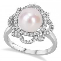 Round Freshwater Cultured White Pearl and Diamond Ring 14k White Gold (0.375 ct)
