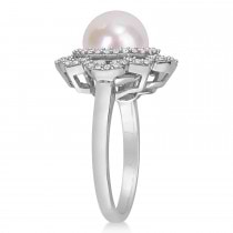 Round Freshwater Cultured White Pearl and Diamond Ring 14k White Gold (0.375 ct)