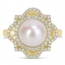 Round Freshwater Cultured White Pearl and Diamond Ring 14k Yellow Gold (0.375 ct)
