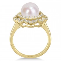 Round Freshwater Cultured White Pearl and Diamond Ring 14k Yellow Gold (0.375 ct)