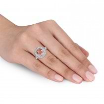 Cushion Morganite, Round White Sapphire and Round Diamond Ring 14k White Gold (3.50 ct )