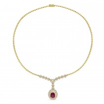 Oval Ruby & Round Diamond Pendant Necklace 14k Yellow Gold (6.50 ct )