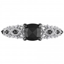 Cushion Black & Round White Diamond Fashion Ring 14k W. Gold (1.13ct)
