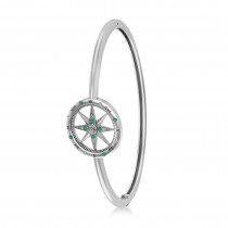 Emerald & Diamond Compass Bangle Bracelet 14k White Gold (0.19ct)