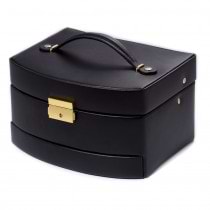 Black Leather Three-Level Hinged Jewelry Box w/ Mirror & Travel Roll