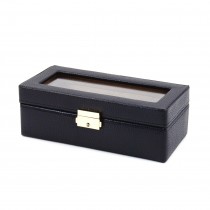 Black Leather Four Watch Case with Glass Top and Locking Clasp