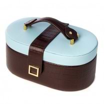 Blue & Brown Leather Jewelry Box w/ Removable Travel Tray & Mirror