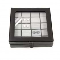Black Leather 20 Cufflink Box with Glass Top and Snap Closure