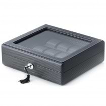 Black Leatherette Woven  15 Watch Case w/ Glass Top and Locking Clasp
