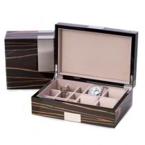 Ebony 4 Watch & 9 Cufflink Wood Valet Box w/ Stainless Steel Accent