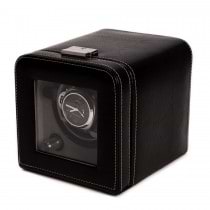 Black Leather Single Watch Winder w/ Glass Door and Locking Clasp