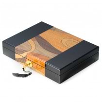 Black Wooden Box w/ 15 Sections, Gold Accents, and Swirl Design Top