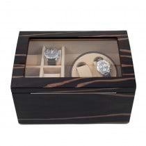 Ebony Burl Wood 2 Watch Winder w/ Storage for 4 Watches & Glass Top