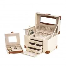 Ivory Leather 4 Level Compartment Jewelry Box w/ 3 Drawers, Case