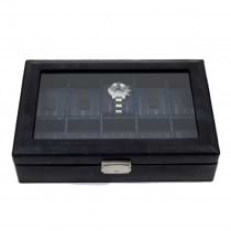 Leather 10 Watch Case with Glass Top and Locking Clasp