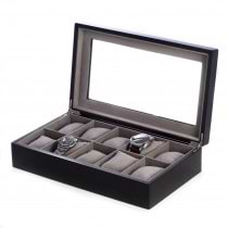 Matte Wood 10 Watch Box w/ Glass Top and Velour Lining & Pillows