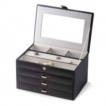 Black Leather 4 Level Jewelry Box w/ Compartments & three drawers