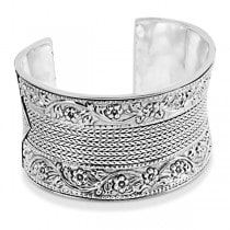 Cuff Bracelet with Etched Flower & Rope 51mm Wide Sterling Silver