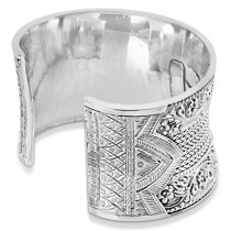Cuff Bracelet with Etched Flower & Rope 51mm Wide Sterling Silver