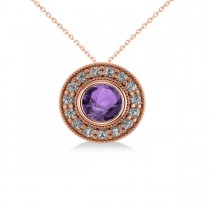 Round Amethyst & Diamond Halo Pendant Necklace 14k Rose Gold (1.55ct)
