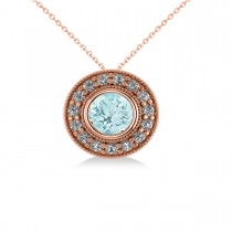 Round Aquamarine & Diamond Halo Pendant Necklace 14k Rose Gold (1.76ct)