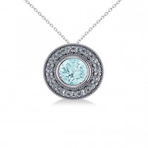 Round Aquamarine & Diamond Halo Pendant Necklace 14k White Gold (1.76ct)