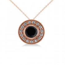Round Black Diamond & Diamond Halo Pendant Necklace 14k Rose Gold (1.45ct)