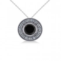 Round Black Diamond & Diamond Halo Pendant Necklace 14k White Gold (1.45ct)