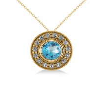 Round Blue Topaz & Diamond Halo Pendant Necklace 14k Yellow Gold (1.81ct)