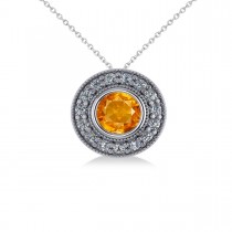 Round Citrine & Diamond Halo Pendant Necklace 14k White Gold (1.55ct)