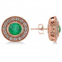 Emerald & Diamond Halo Round Earrings 14k Rose Gold (3.42ct)