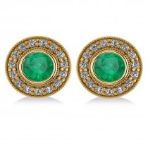 Emerald & Diamond Halo Round Earrings 14k Yellow Gold (3.42ct)