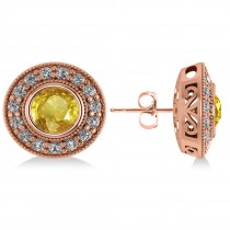 Yellow Sapphire & Diamond Halo Round Earrings 14k Rose Gold (3.72ct)