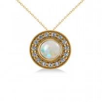 Round Opal & Diamond Halo Pendant Necklace 14k Yellow Gold (1.20ct)