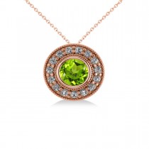 Round Peridot & Diamond Halo Pendant Necklace 14k Rose Gold (1.56ct)