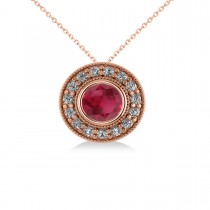 Round Ruby & Diamond Halo Pendant Necklace 14k Rose Gold (1.86ct)