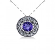 Round Tanzanite & Diamond Halo Pendant Necklace 14k White Gold (1.86ct)