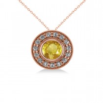 Round Yellow Sapphire & Diamond Halo Pendant Necklace 14k Rose Gold (1.86ct)