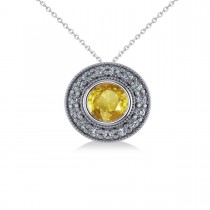 Round Yellow Sapphire & Diamond Halo Pendant Necklace 14k White Gold (1.86ct)