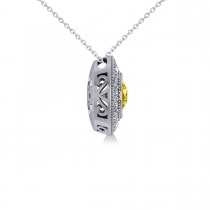 Round Yellow Sapphire & Diamond Halo Pendant Necklace 14k White Gold (1.86ct)