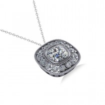 Diamond Halo Cushion Pendant Necklace 14k White Gold (1.26ct)