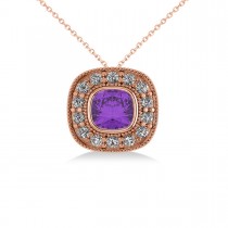 Amethyst & Diamond Halo Cushion Pendant Necklace 14k Rose Gold (1.27ct)