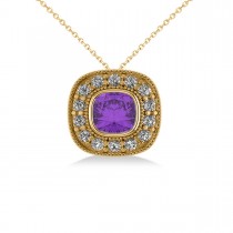 Amethyst & Diamond Halo Cushion Pendant Necklace 14k Yellow Gold (1.27ct)